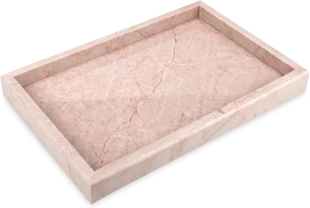 Marble Bathroom Vanity Tray, Natural Luxury Vanity Home Kitchen Bathroom Table Tray, Stone Decorative Countertop Dresser Trays for Key Coffee Perfume Jewelry Makeup (Pink/Cream Rose, 12"x 8" x1.2")