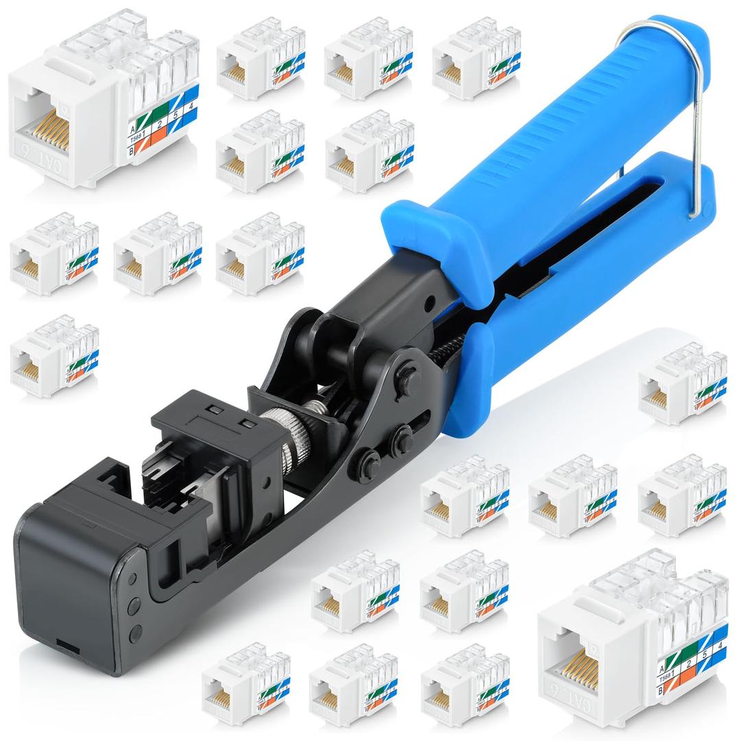 Everest easyJACK - 90 Angled Speed Termination Keystone Tool Set - with 20-Pack of RJ45 Cat6 Keystone Jacks in White (Slim Profile Design) - Time Saver Network Punch Down Tool Cat6