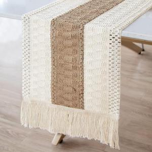 Macrame Table Runner, 87 x 14 Inches, Cotton Crochet Design with Tassels, Beige and White, Bohemian Farmhouse Style
