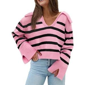 Saodimallsu Womens Striped Sweater V Neck Collared Fall Trendy Knitted Long Sleeve Loose Pullover Sweaters, XL