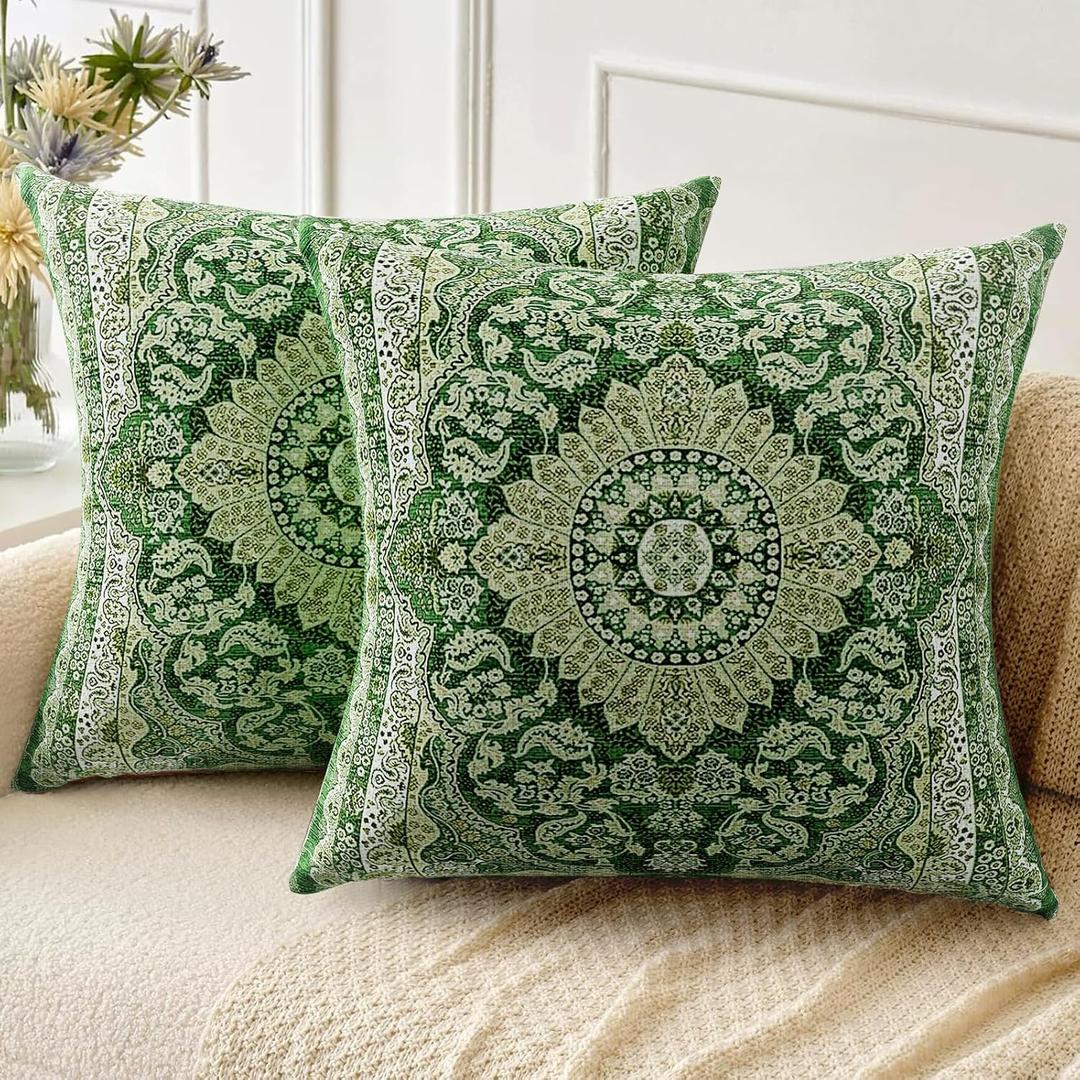 Boho Throw Pillow Covers 18x18 inch Set of 2,Linen Bohemia Carpet Pattern Decorative Living Room Sofa Bed Square Pillow Case Cushion Cover-Yellow Green
