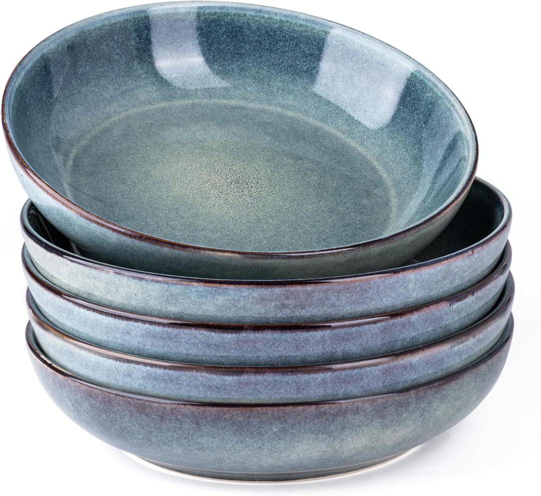 AmorArc 8.5'' Large Ceramic Pasta Bowls Set, 36oz Stoneware Bowls Set of 6 for Kitchen, Reavtive Glaze Bowls-Microwave,Dishwasher Safe for Pasta,Salad,Oatmeal-Ceylon Blue