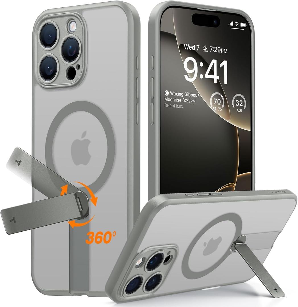 TORRAS 360Stand Magnetic Case for iPhone 16 Pro Max Case, [Full Camera Protection][Fit for MagSafe] [16FT Mil-Grade Drop Protection] Case for 16 Pro Max iPhone Case Kickstand(6.9"), Natural Titanium