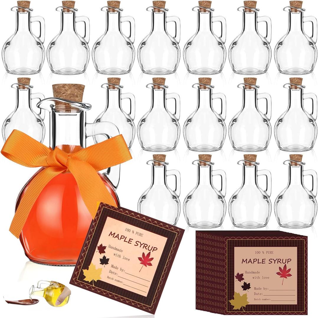 18 Pcs 6.7 oz Glass Maple Syrup Bottles Clear Reusable Glass Bottles with Lids Loop Handle and Maple Syrup Stickers Syrup Jars Syrup Container for Milk Potion Juice Sauce Oil Storage Gift