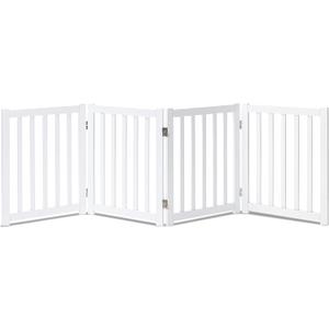 LZRS 4-Panel Wooden Free Standing Foldable Dog Gate  24" High, Extra Wide Step-Over Safety Pet Gate for Doorways, Stairs, Hallways, Large Spaces & Playpen for Puppies Indoor Use, White