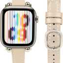 JOYOZY Slim Leather Band for Women Compatible with Apple Watch 49MM 45MM 44MM 42MM 41MM 40MM 38MM, Cute Fancy Top Genuine Leather Strap for iWatch Ultra, Series SE/9/8/7/6/5/4/3/2/1 (Beige/Starlight)