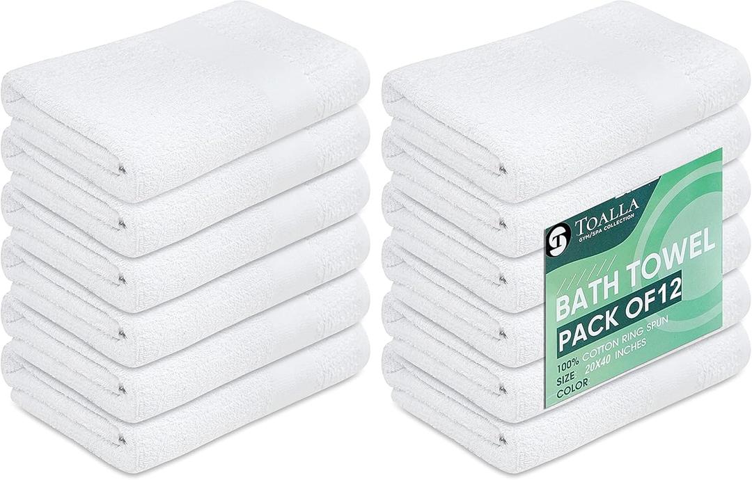 12 Pack White 100% Cotton Bath Towels, 20x40 Inches, Lightweight, Quick Drying, Commercial Grade, Gym, Salon, Spa & Hair