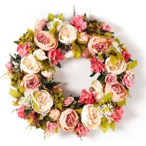 Peony Spring Wreaths for Front Door Outside 22 inch Handmade Summer Wreaths for Front Door Wall Window Decor in All Season(Large)