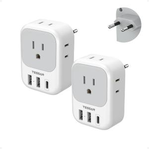 2 x 2 Pack European Plug Adapter USB C, TESSAN US to Europe Adapter 4 Outlets 3 USB Charger, Type C International Power Adaptor to Italy Spain France Portugal Iceland Germany, Europe Travel Essentials