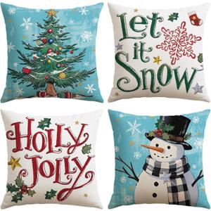 2 x Artscope Christmas Tree Snowman Throw Pillow Covers 18x18 Inch Set of 4, Let It Snow Holly Jolly Winter Hoilday Christmas Decoration Pillow Cases for Home Sofa Couch Decor-Blue