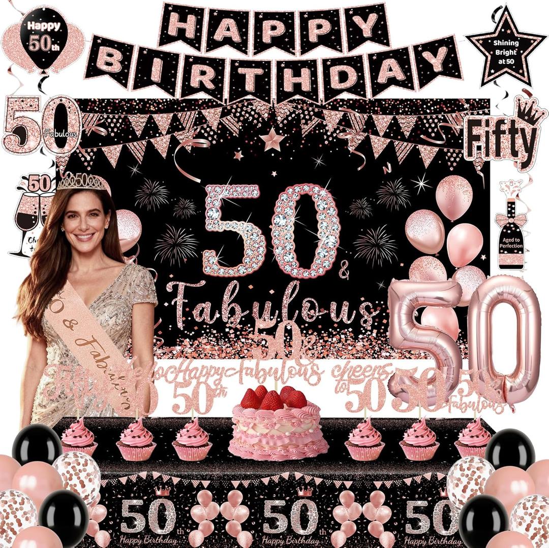 50th Birthday Decorations for Women, Rose Gold 50 & Fabulous Birthday Party Supplies, Includes Crown, Sash, Banner, Backdrop, Balloons, Cake Topper, Tablecloth, 50th Birthday Gifts for Women