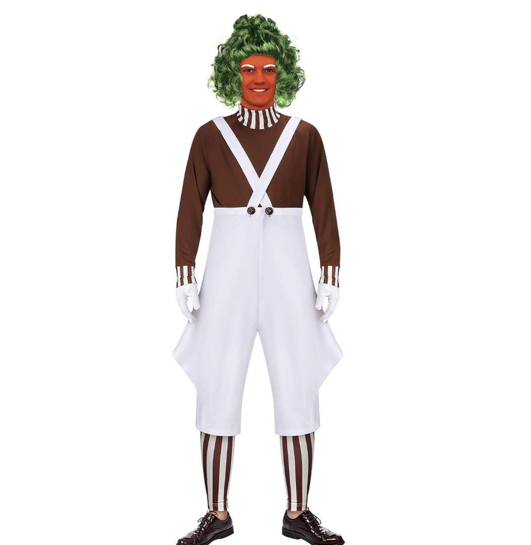 Mens Candy Chocolate Factory Worker Costume Shirt Jumpsuit Outfit with Gloves Leggings Adult Halloween Cosplay Props, L
