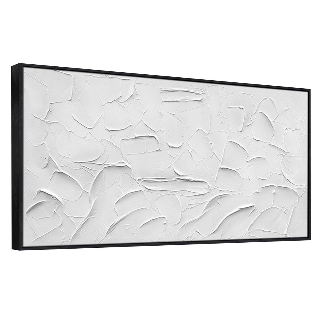 Large Hand-Painted Oil Painting on Canvas Black Frame White Textured Wall Art Abstract Minimalist 3d Artwork Neutral Wall Picture Home Decor for Living Room Bedroom Office Ready to Hang 48x24inch