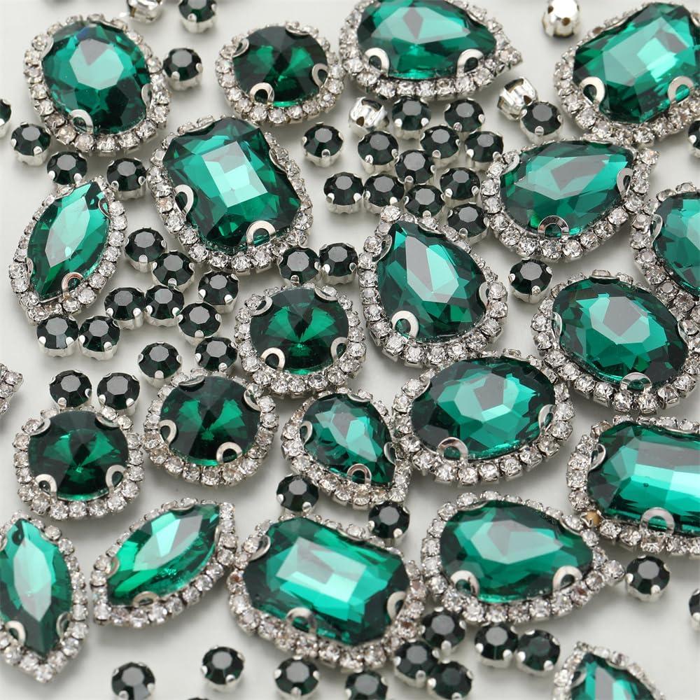 Sew On Rhinestones, Choupee 130PCS Sew On Glass Rhinestone Metal Back Prong Setting Sewing Claw Rhinestone Mixed Shapes for Costume, Clothes, Garments, Dress, Earring, Belt and Shoes (Shinning Emerald)