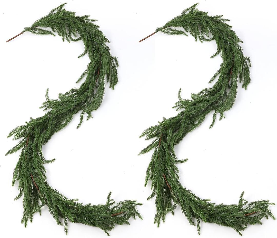 2 Pcs 6FT Artificial Norfolk Pine Garland, Christmas Real Touch Winter Pine Garlands Realistic, Green Greenery Garland for Mantle, Stairs, Fireplace, Wall, Door, Table, Indoor Holiday Xmas Decortions