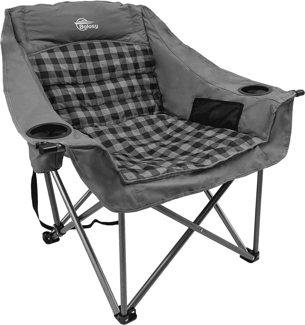 Bolosy Oversized Camping Chairs for Adults Heavy Duty Padded Portable Lawn Chairs Outdoor Folding Chairs XL Camp Chairs with Cup Holder Suproot 500 lbs, Gray Plaid, Single Pack