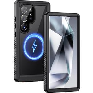 Lanhiem Magnetic for Samsung Galaxy S24 Ultra Case, IP68 Waterproof Dustproof, Built-in Screen Protector, Rugged Full Body Shockproof Cover for Galaxy S24 Ultra 5G 6.8 Inch, Black/Clear