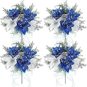 Giegxin 4 Pack 13.8 Inch Faux Velvet Poinsettia Berry Xmas Bush for Indoor Outdoor Christmas Tree Ornament Home Porch Decor(Blue, Classic)