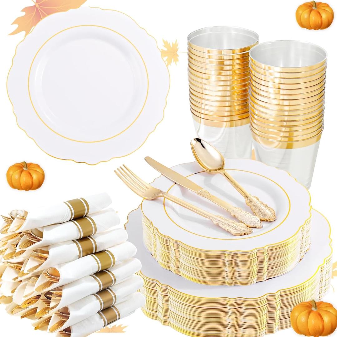 Liacere 350PCS Gold Plastic Plates-Disposable White and Gold Plates 50guest Baroque Plastic Dinnerware include 100Plates, 50Pack Pre Rolled Napkins with Silverware 50Cups for Wedding & Thanksgiving