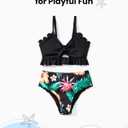 Family Matching Solid Scallop Trim Strappy Two-Piece Swimsuit and Allover Floral Print Swim Trunks Shorts (2T, Hawaiian Black)