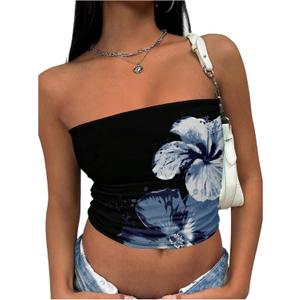 Women's Y2K Floral Strapless Tube Tops Sleeveless Fitted Crop Bandeau Top Going Out Tanks (Large, Black)
