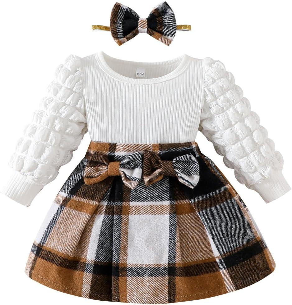 Toddler Baby Girl Plaid Dress Puff Sleeve Bow Patchwork Ribbed Shirts Dress Plaid Fall Winter Outfits with Headband (6-12 Months)