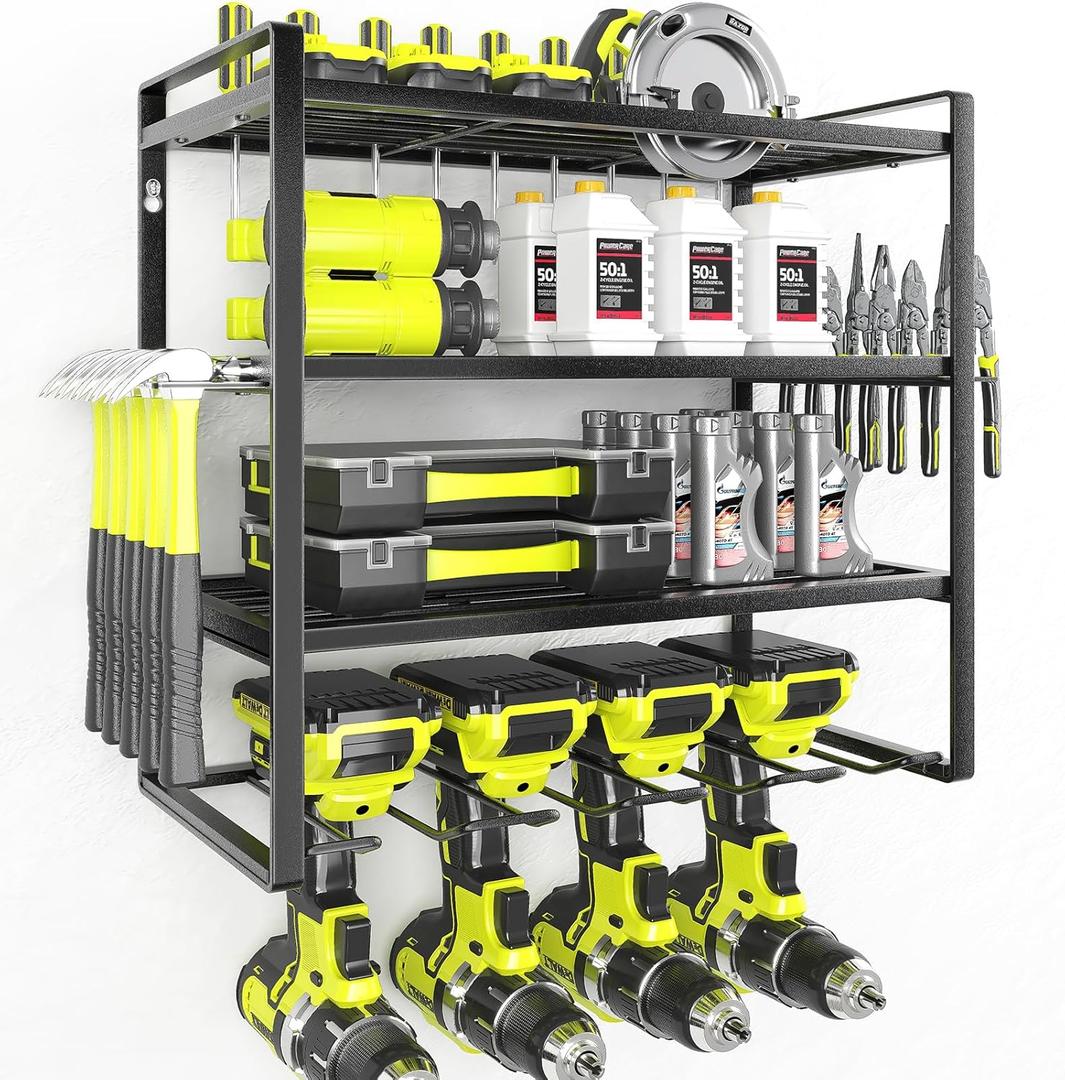 KAFAHOM Power Tool Organizer, Garage Tool Organizers and Storage,Drill Holder Wall Mount, Storage Rack for Cordless Drill, Heavy Duty Tool shelf with Screwdriver Holder/Pliers Holder/Hammer Holder (4-Layer 4-Drill)