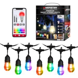 Monster 24 Foot Premium Outdoor Smart RGB+IC+WW String Lights, 12 Bulb Color Flow Dimmable LEDs, Sound Reactive, Water & Weather Resistant, Compatible with Alexa, Siri, Google Home, App