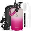 Insulated Water Bottle 64 oz, Triple Wall Vacuum Stainless Steel (Cold for 48 Hrs), Leak Proof & Non-BPA, Half Gallon Water Flask Jug with Paracord Handle & Straw Spout Lids, Ombre Pink