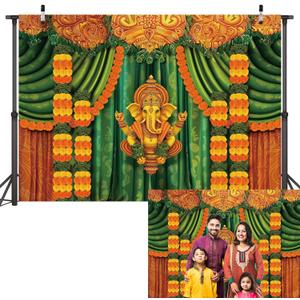 Indian Pooja Traditional Backdrop Banner Diwali Ganpati Puja Marigold Photography Background Indian Weeding House Warming Decorations for Home Photo Booth Props (2.4x1.8m)