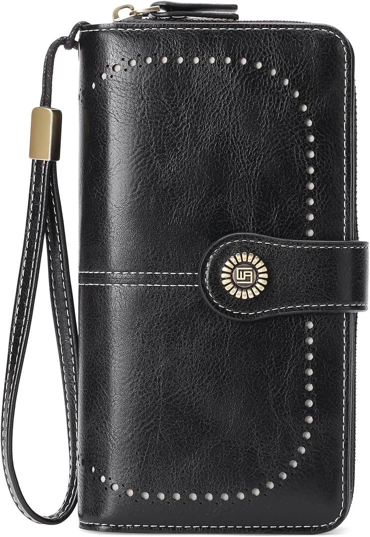 RNIEGA Womens Wallet Leather Billfold RFID Blocking Credit Card Holder Wristlet Wallets for Women Ladies Purses with Zipper Coin Pocket