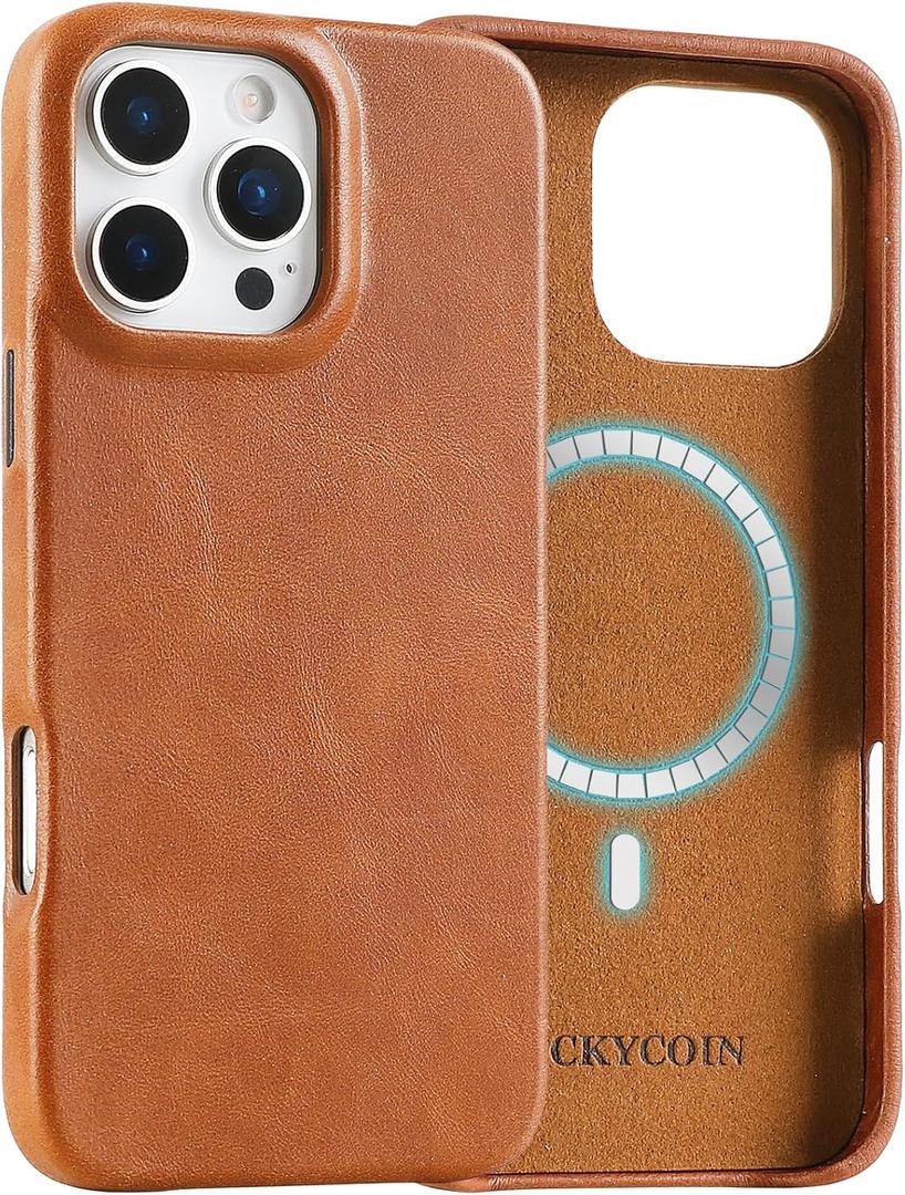 LUCKYCOIN Genuine Leather Phone Case for iPhone 16 Pro Max 6.9 in,Compatible with Magsafe,Leather Basic Cases Cover with Wireless Charging Metal Buttons,Slim Fit Slip Shockproof Protective - TAN (Brown)