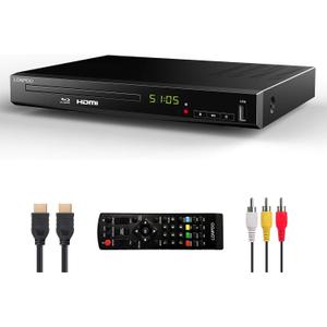 HD Blu-Ray Disc Player for TV with HDMI and AV Cables, 1080P, Built-in PAL NTSC, Coaxial Output, USB Input (Black)