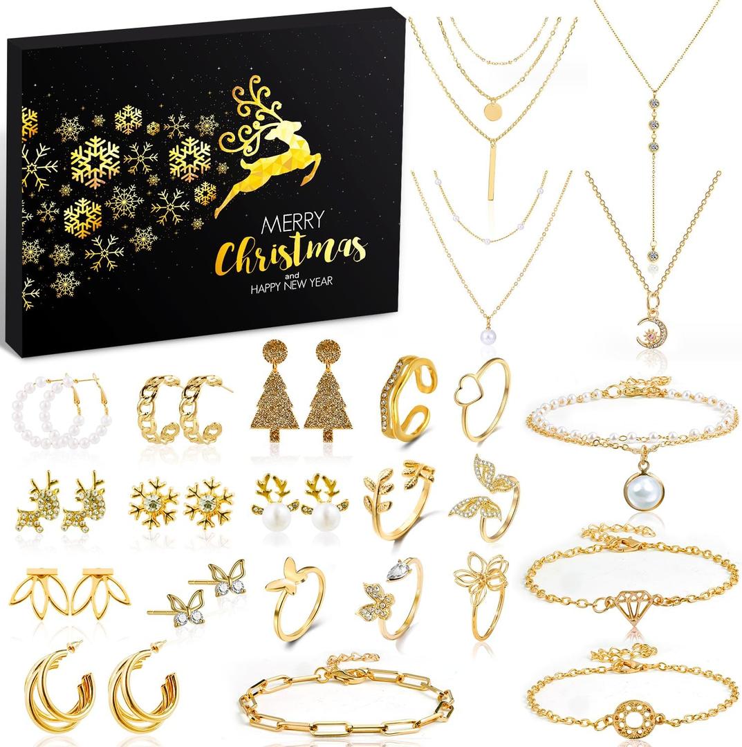 Jewelry Advent Calendar 2025 for Adult Women, 24 Day Christmas Countdown Calendar with Gold Earrings, Necklaces, Bracelets, and Rings, Christmas Surprise Gift for Wife Friends (Black)