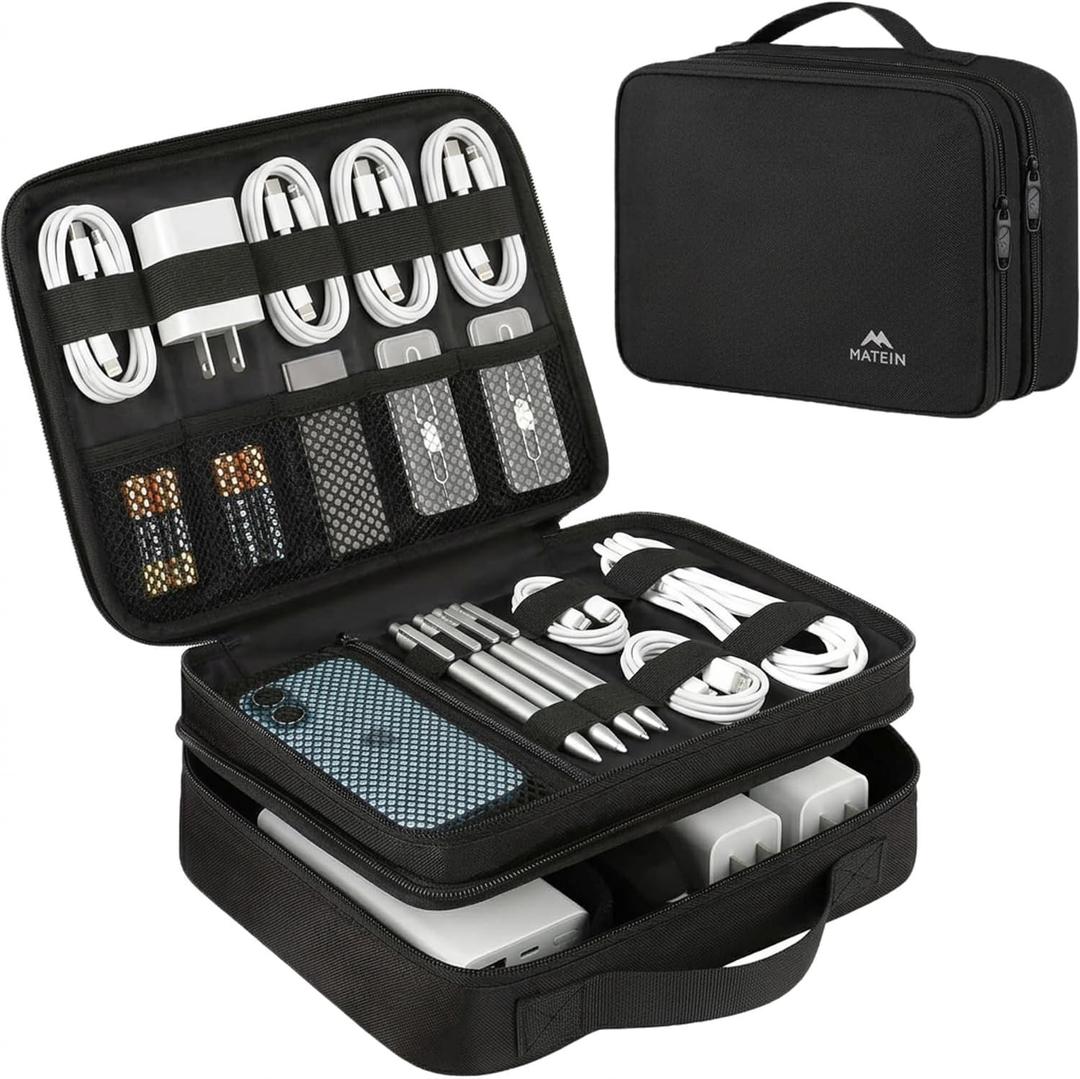 MATEIN Electronics Organizer Travel Case, Water Resistant Cable Organizer Bag for Travel Essentials, Gifts for Men, Storage Bag for Camera Accessories, Phone, Cord & Tablet, Black (Medium)