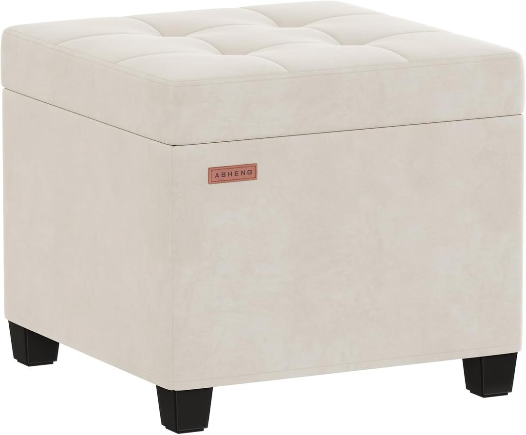 ABHENG Velvet Cover Steel Frame Ottoman with 48L Storage,17.7" x 17.7" x 17.7" Square Linen Storage Ottoman Stool Cube with Legs,for Dorm Livingroom White UASND64W