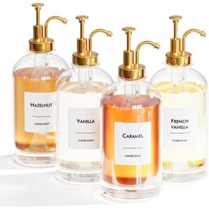 16.9 oz (500 ml) Coffee Syrup Dispenser Set- 2 Glass Bottles with Gold Pumper and Syrup Labels - Precise Dispensing and Stylish Addition to Coffee Shop, Cafe or Home Bar