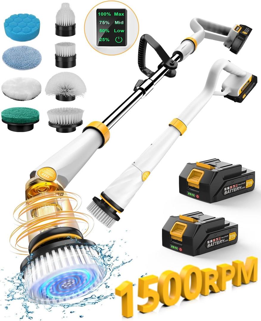 Qimedo Electric Spin Scrubber with Two Batteries Q2 Pro,1500 RPM High Power Electric Scrubber for Cleaning,Shower Cordless Cleaning Brush with Display for Tub/Tile/Floor (Effortless Handle/8 Brushes) (White)