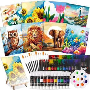 Cholemy 36 Pcs Paint and Sip Kit for Adults 8''x10'' Pre Drawn Canvas for Painting DIY Afro Acrylic Painting Kit Wood Easel Brushes Date Night Bulk for Easter Party Gifts (Plants Animals)