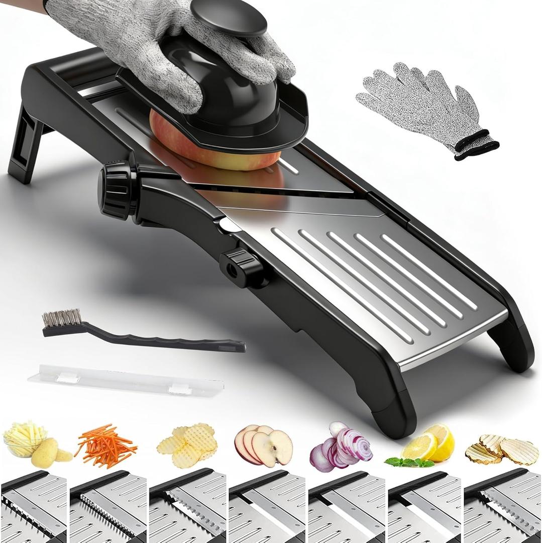 Mandoline Food slicer for kitchen, Adjustable Stainless Steel Mandoline Vegetable slicer, Food slicer Onion Potato Chip French Fry, 7 in-1 Adjustable Blade