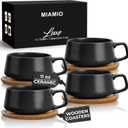 MIAMIO 11 Oz., Set of 4 Ceramic Tea Cup and Saucer Bamboo/Tea Mug - Wide Cappuccino Cup, Coffee Cups Ceramic Mug for Cappuccino, Latte, Espresso & Americano - Luxe Collection (Black)