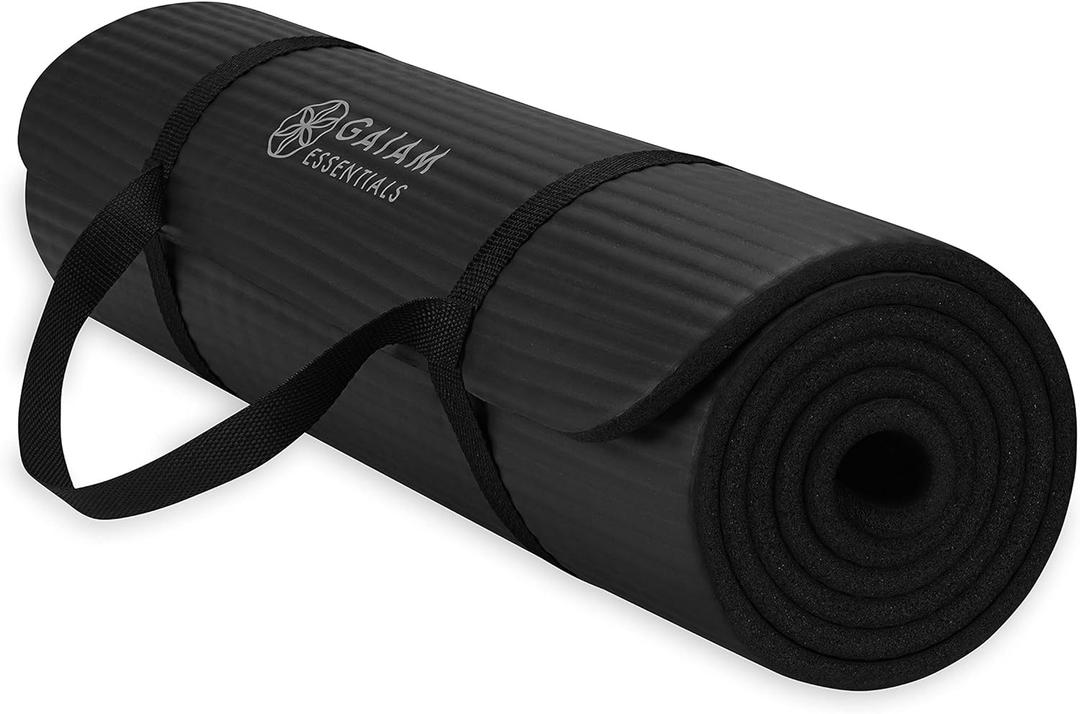 Gaiam Yoga Mat, Pilates & Exercise Mat, Thick 2/5" (10mm) Workout Mat with Easy-Cinch Carrying Strap for Home & Gym Workouts (Black)