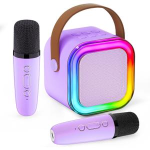 IROO Mini Karaoke Machine for Kids, 2025 Popular Birthday Gifts Toys for Girls Boys Age 3-12+, Portable MP3 Player with 2 Wireless Mics, Karafun Premium Song Family Home Party(Purple)