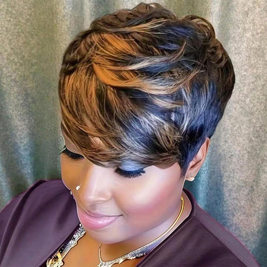showreal Pixie Cut Wig Human Hair for Women Highlight Brown Short Straight Wigs 100% Real Human Hair Pixie Cut Wig with Bangs Layered Virgin Hair Glueless Natural Short Wig (9149-1B/30)