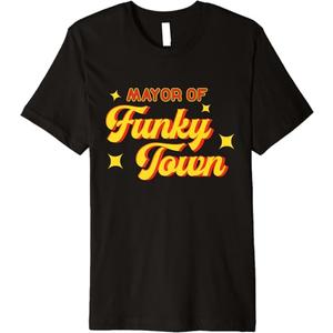 Disco Costume 70s Vintage Men Women Retro Mayor Of Funky Town T-Shirt (Small, Black)