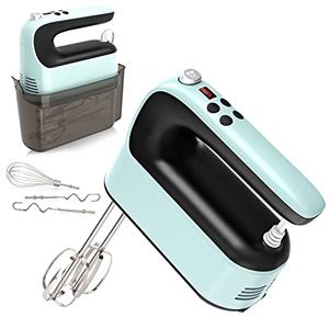 Yomelo 9-Speed Digital Hand Mixer Electric, 400W Powerful DC Motor, Hand Mixer Electric Handheld with Snap-On Storage Case, 5 Stainless Steel Accessories, Beaters, Dough Hooks, Whisk(Ice Blue/Black)