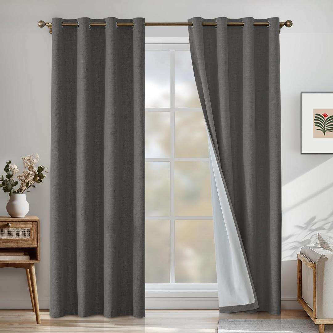 Linen 100% Blackout Curtains for Bedroom, Black Out Curtains 84 Inch Long, Room Darkening Curtains for Living Room, Long Curtain Grommets Drapes, Thermal Curtains(2 Panels, Dark Grey)