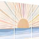 3Pcs Framed Boho Canvas Wall Art Sun Sunrise Yellow Line Pictures Prints Wall Decor Modern Mid Century Rainbow Posters Nature for Living Room Bedroom Bathroom Office Home Decoration16x24inx3