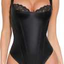 Popilush Leather Body Suits for Womens - Lace Shapewear Bodysuits Tummy Control Faux Leather Thong Corset Tops (Large, Black)