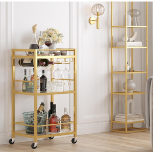 TUTOTAK Bar Cart, Home Bar Serving Cart with 3-Tier Shelf, Drink Cart with Wine Rack, Glass Holder, Rolling bar carts for The Home, Living Room, Gold,BC01BB035